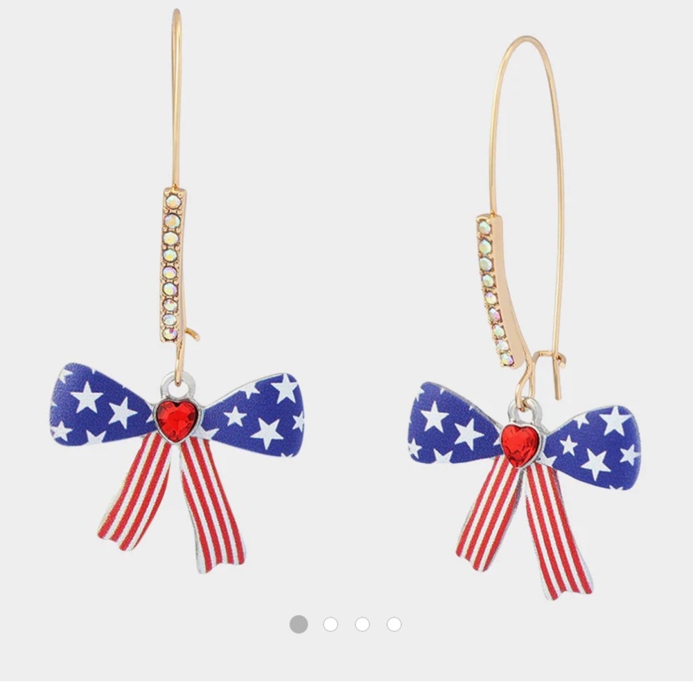 New Betsey Johnson Gold-tone Earrings with Blue Star Bow and Red Heart Accent
